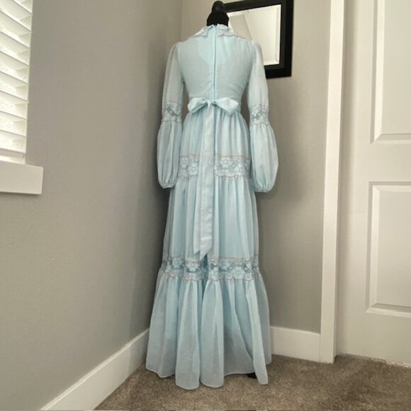 VINTAGE 70s Gunne Sax Blue Lace Long Maxi Prairie Boho Dress Sz XS - Picture 4 of 15